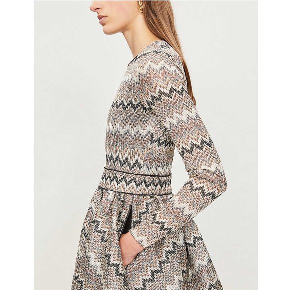 Maje Royaume Fit and Flare Dress / 2 Medium / Ecru Zigzag Pattern Mini - Picture 3 of 13